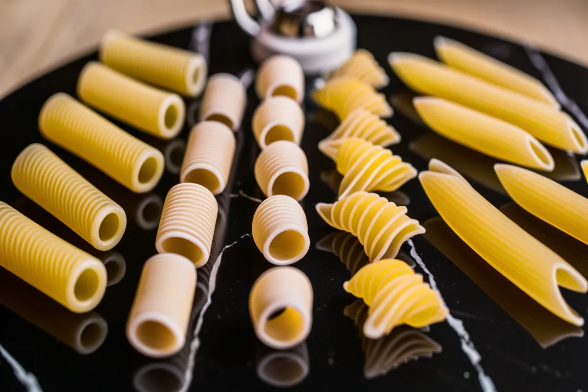 Ridged and tubular pasta substitutes for farfalle on a black marble surface.