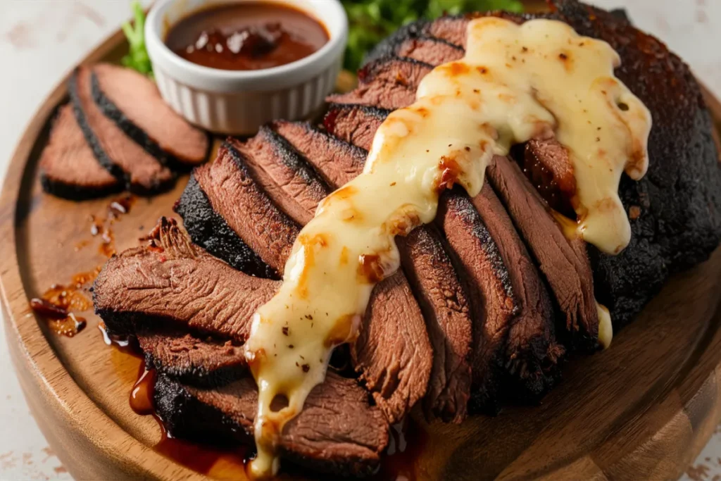 Sliced brisket topped with melted smoked gouda on a wooden board