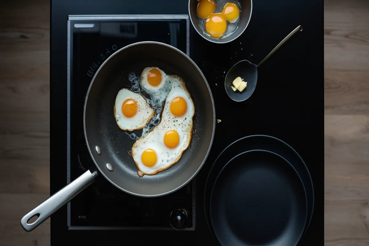 Steps for cooking the perfect sunny side up eggs on a black table