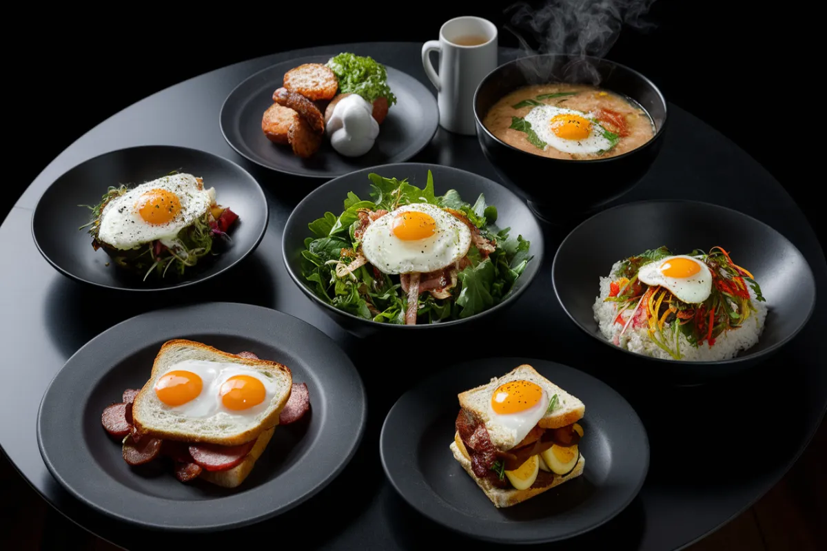 Sunny side up eggs served in various breakfast and meal dishes on a black table