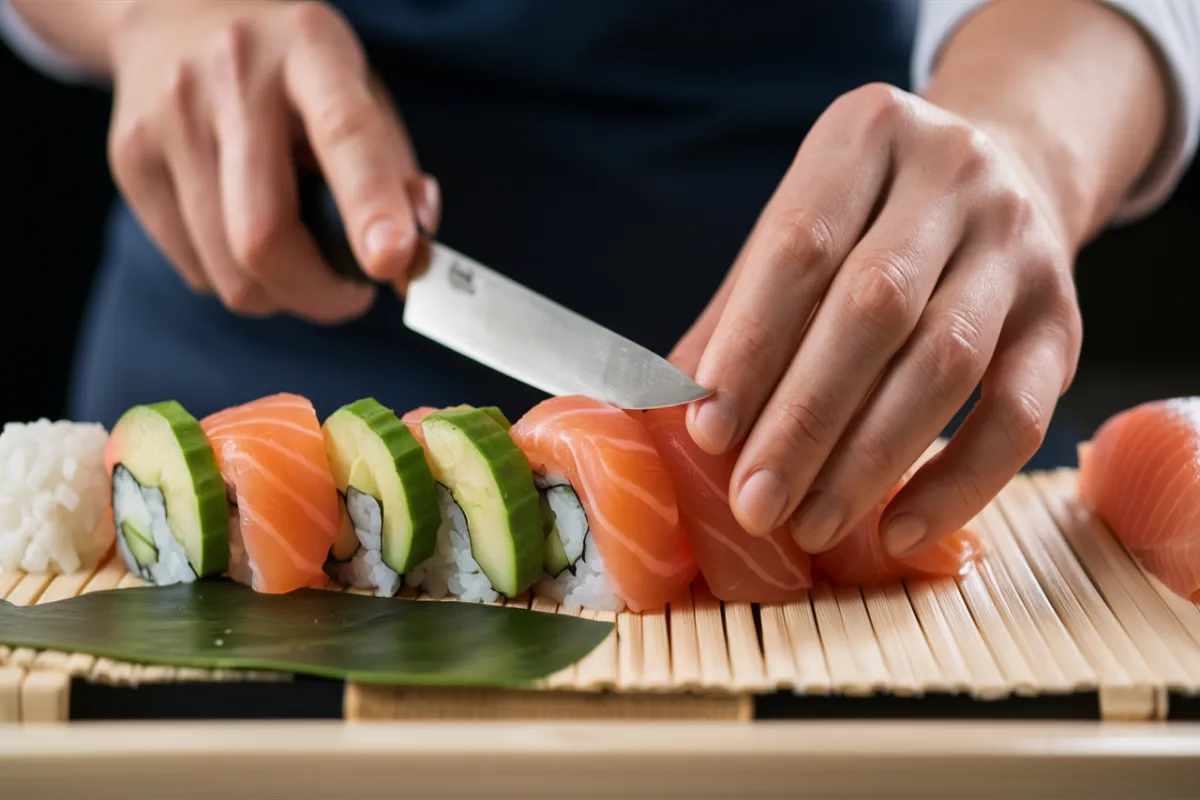 Sushi chef preparing Alaska roll with salmon, avocado, and cucumber