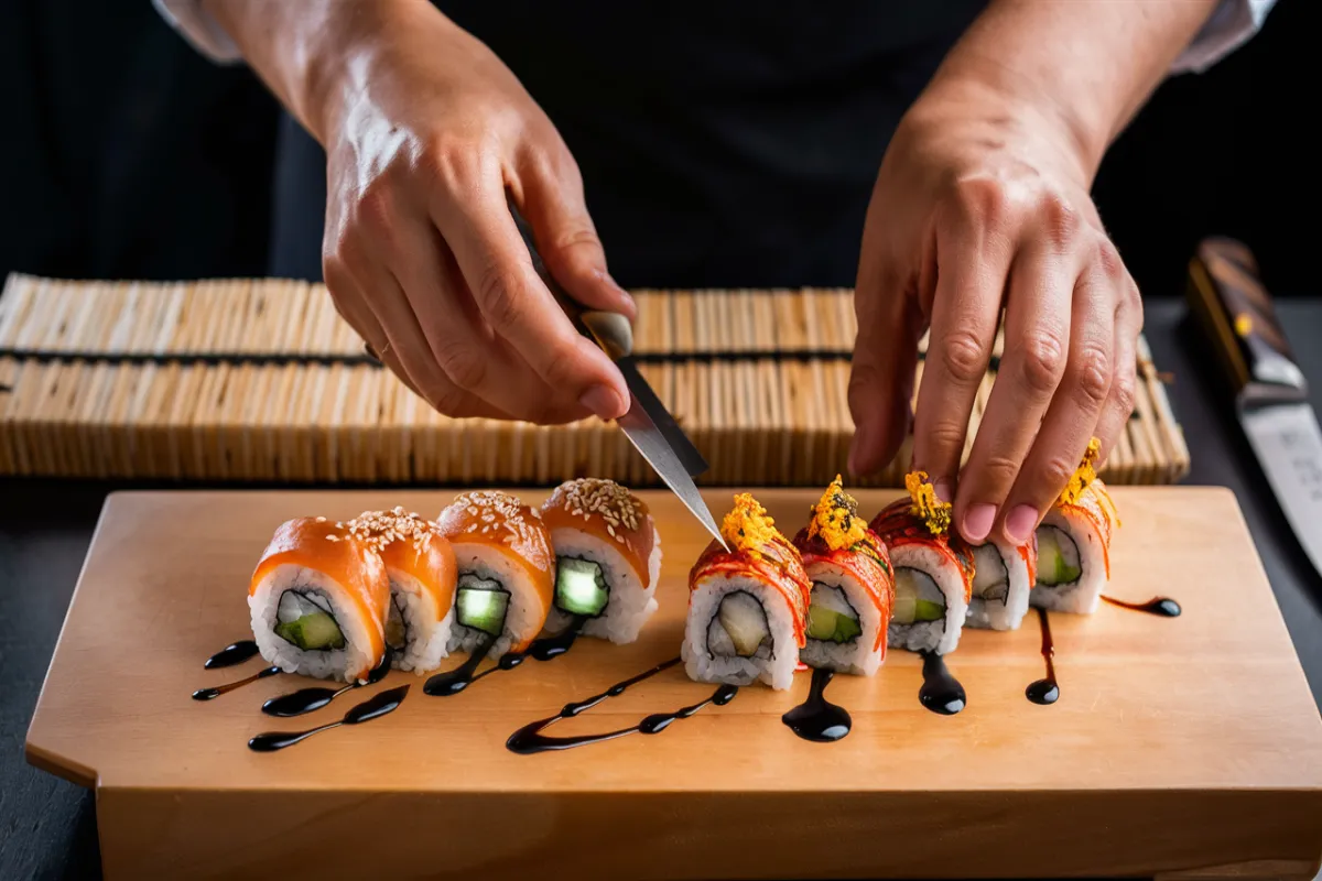 Sushi chef presenting Philadelphia rolls and Alaska rolls on a board