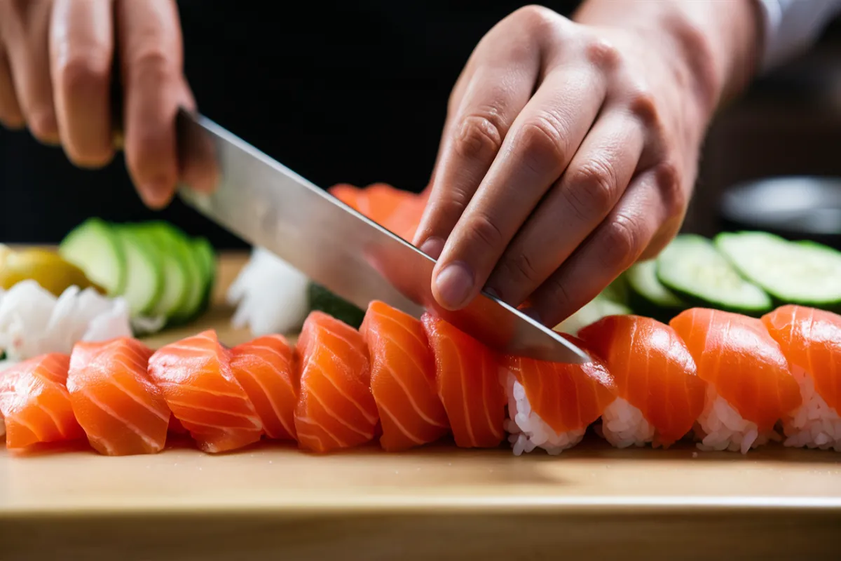 Sushi chef slicing fresh salmon for Alaskan roll preparation