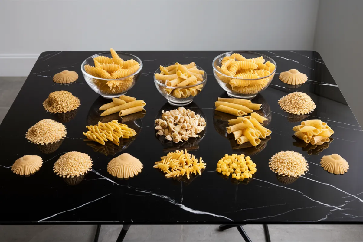 Various pasta substitutes for farfalle pasta, including fusilli, penne, rotini, and small shells.