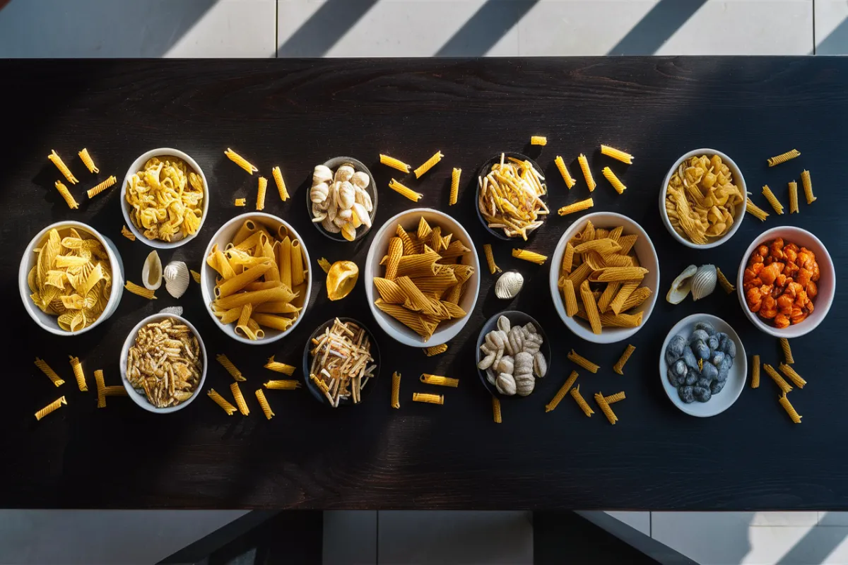 Various pasta substitutes for farfalle pasta on a wooden table.