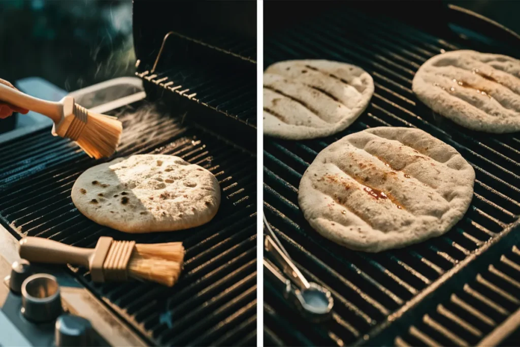 preheated grill being cleaned and a flatbread placed on oiled grill grates