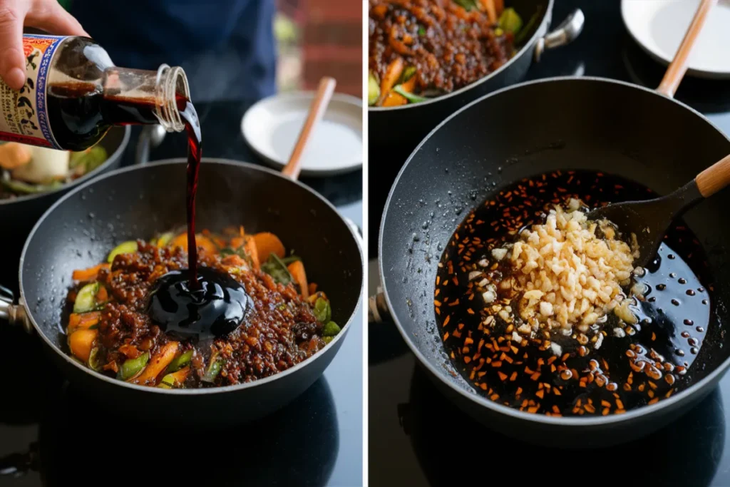 soy sauce and garlic being added to black bean noodles.