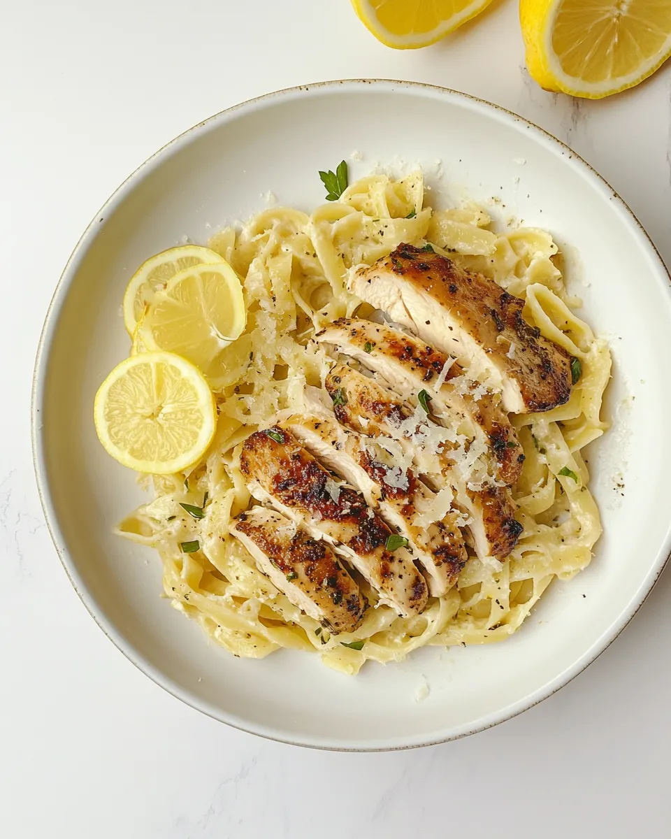 Easy Baked Lemon Pasta with Seared Chicken. food shot