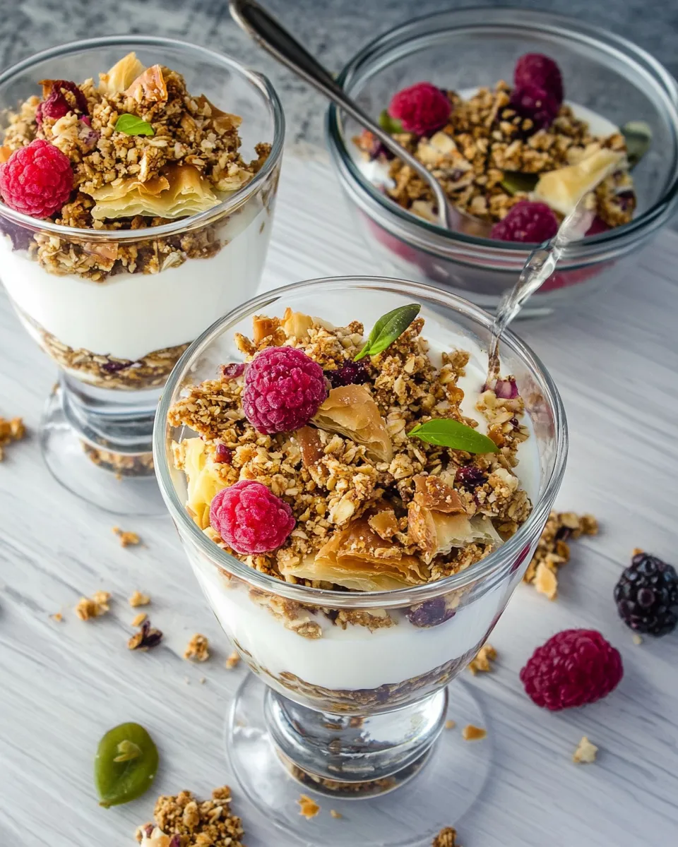 Fresh Baklava Yogurt Parfait with Homemade Baklava Crumbles food shot