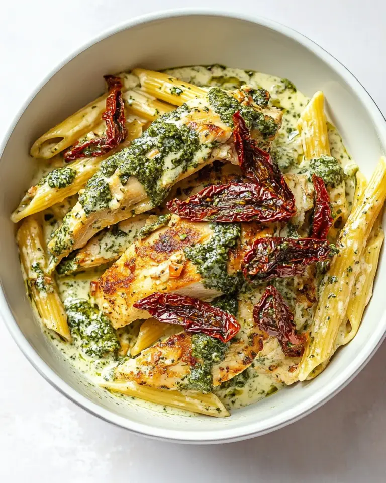 Homemade Basil Pesto Chicken with Alfredo Penne and Sun Dried Tomatoes recipe photo