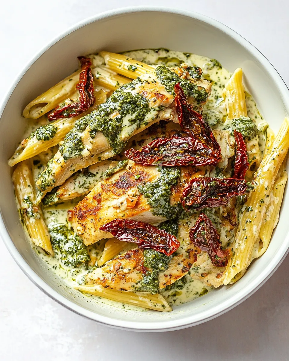 Homemade Basil Pesto Chicken with Alfredo Penne and Sun Dried Tomatoes recipe photo