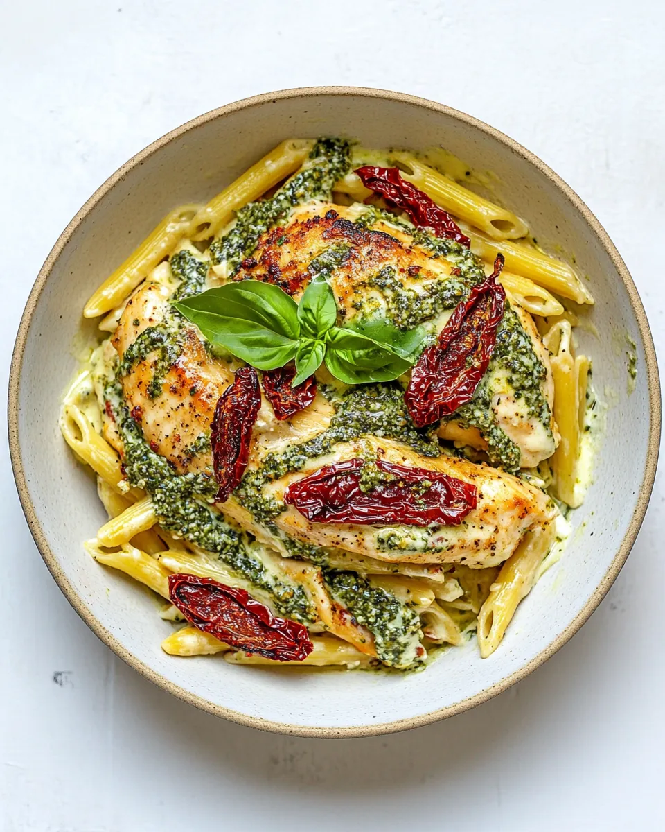 Classic Basil Pesto Chicken with Alfredo Penne and Sun Dried Tomatoes dish photo