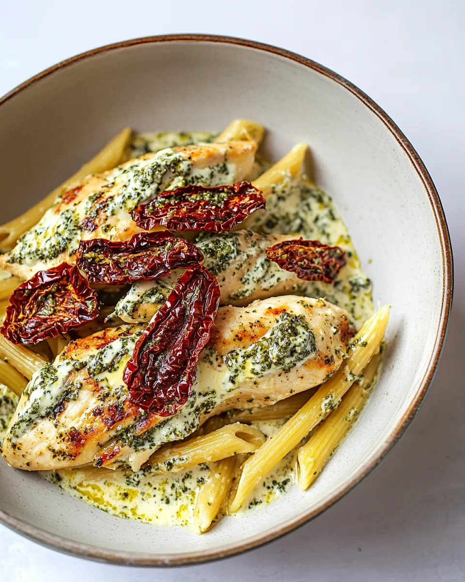 Easy Basil Pesto Chicken with Alfredo Penne and Sun Dried Tomatoes food shot