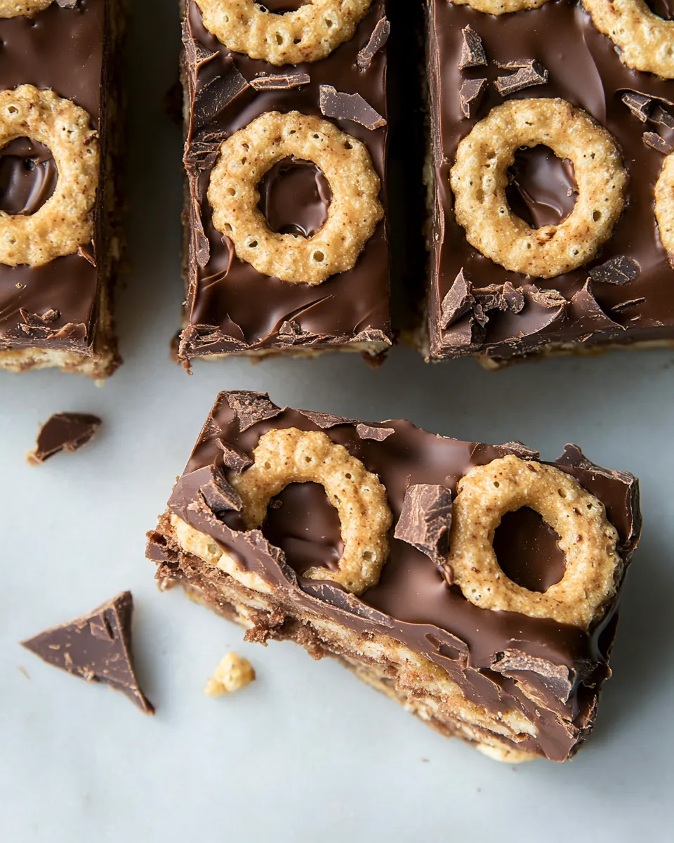 Easy Blackout Chocolate and Peanut Butter Cheerio Bars food shot