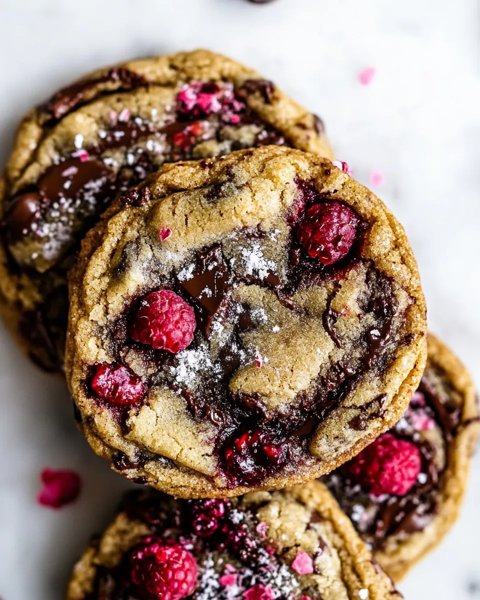 Classic Brown Butter Raspberry Chocolate Chip Cookies. food shot