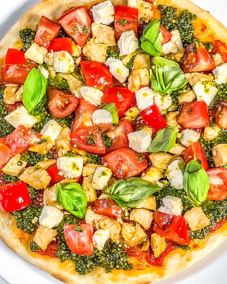 Delicious Chicken Pesto Pizza food shot