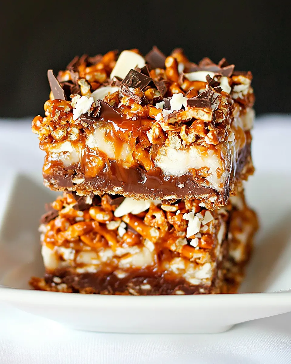 Delicious Chocolate Caramel Pretzel Seven Layer Bars food shot