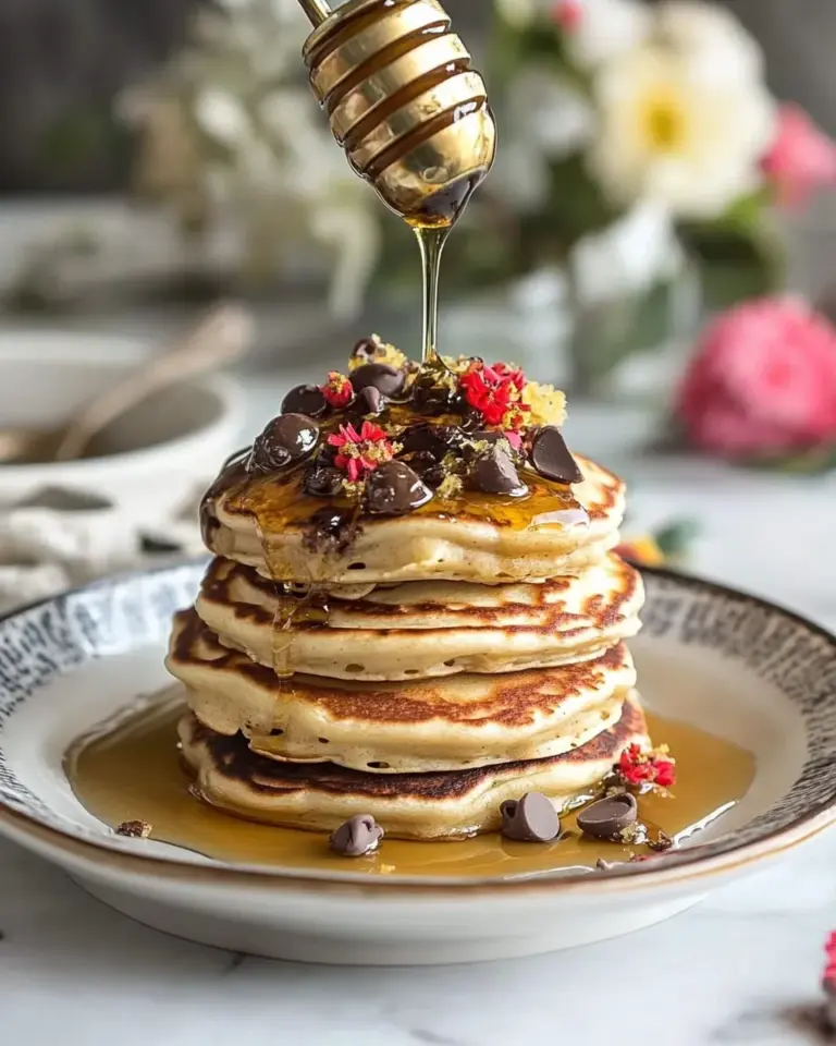 Homemade Chocolate Chip Lemon Baklava Pancakes with Salted Vanilla Honey Syrup. recipe photo