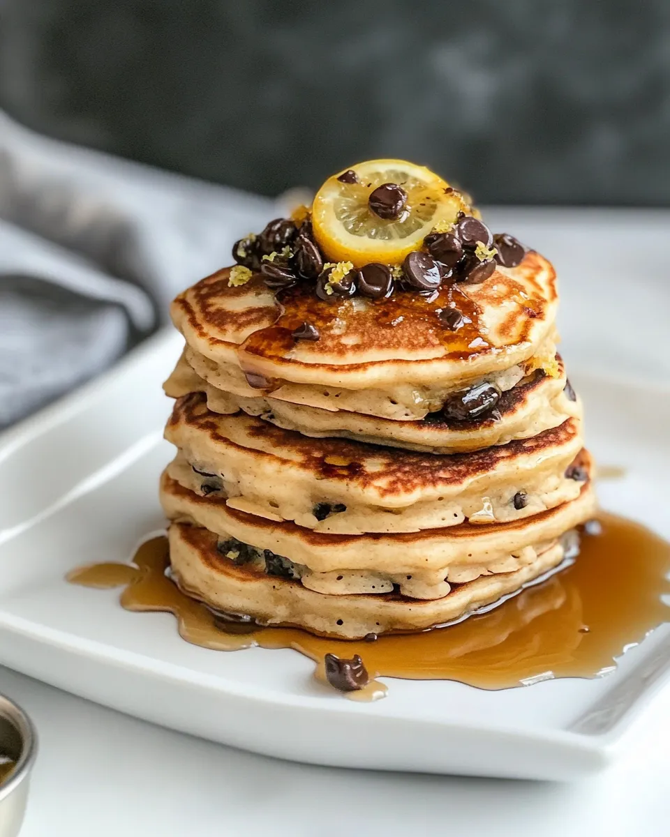 Delicious Chocolate Chip Lemon Baklava Pancakes with Salted Vanilla Honey Syrup. food shot