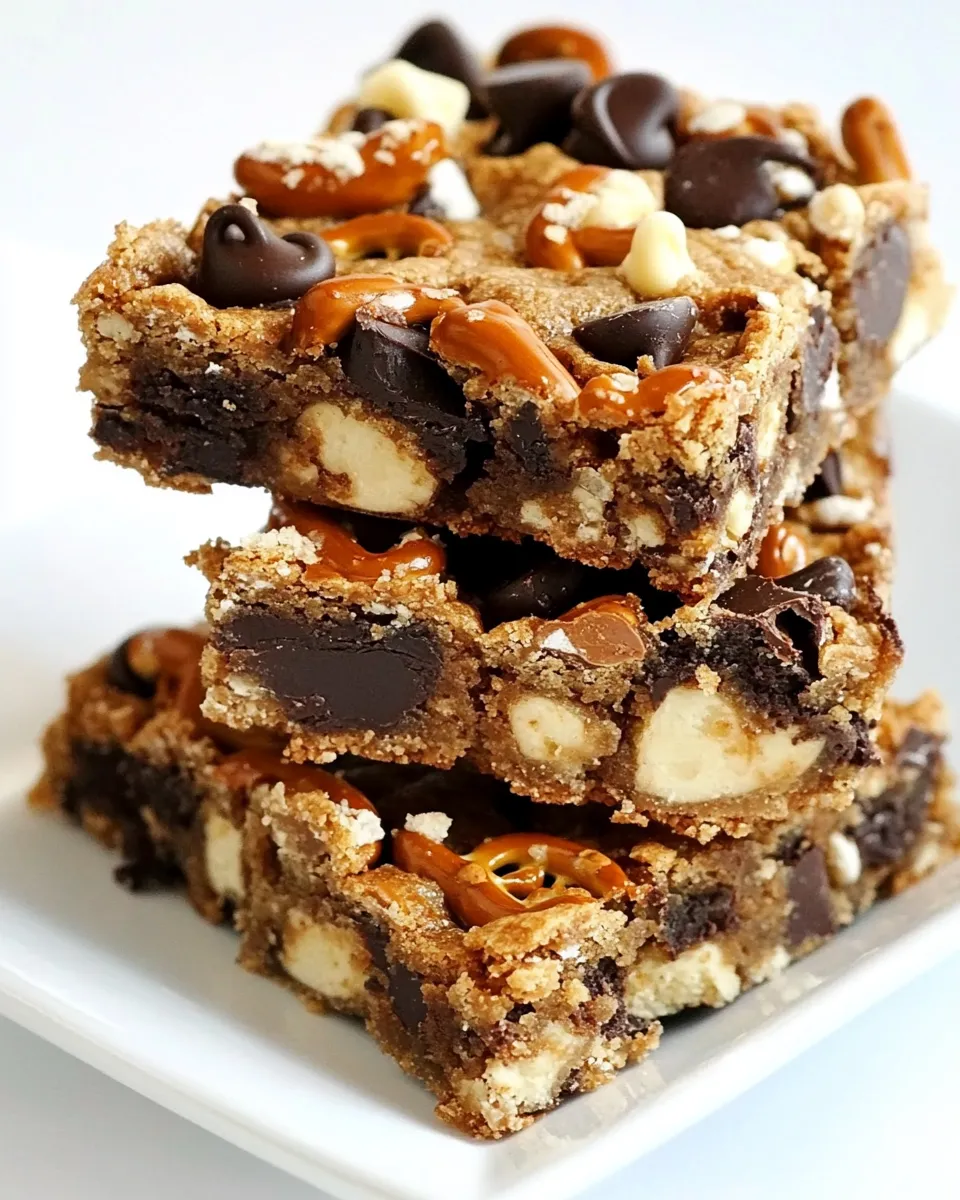 Delicious Chocolate Chip & Pretzel Cookie Bars food shot