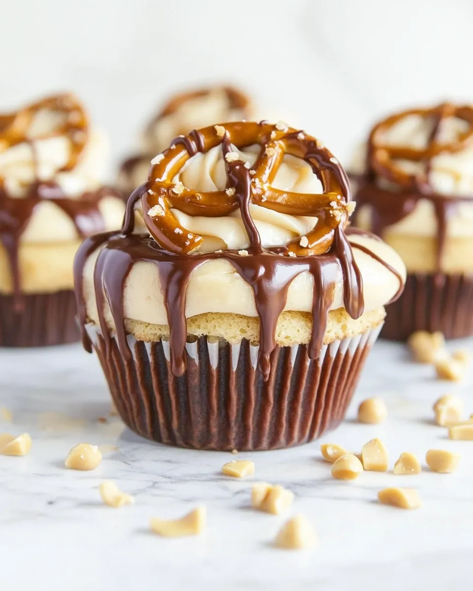Homemade Chocolate Covered Pretzel Peanut Butter Cupcakes with Butterscotch Frosting photo
