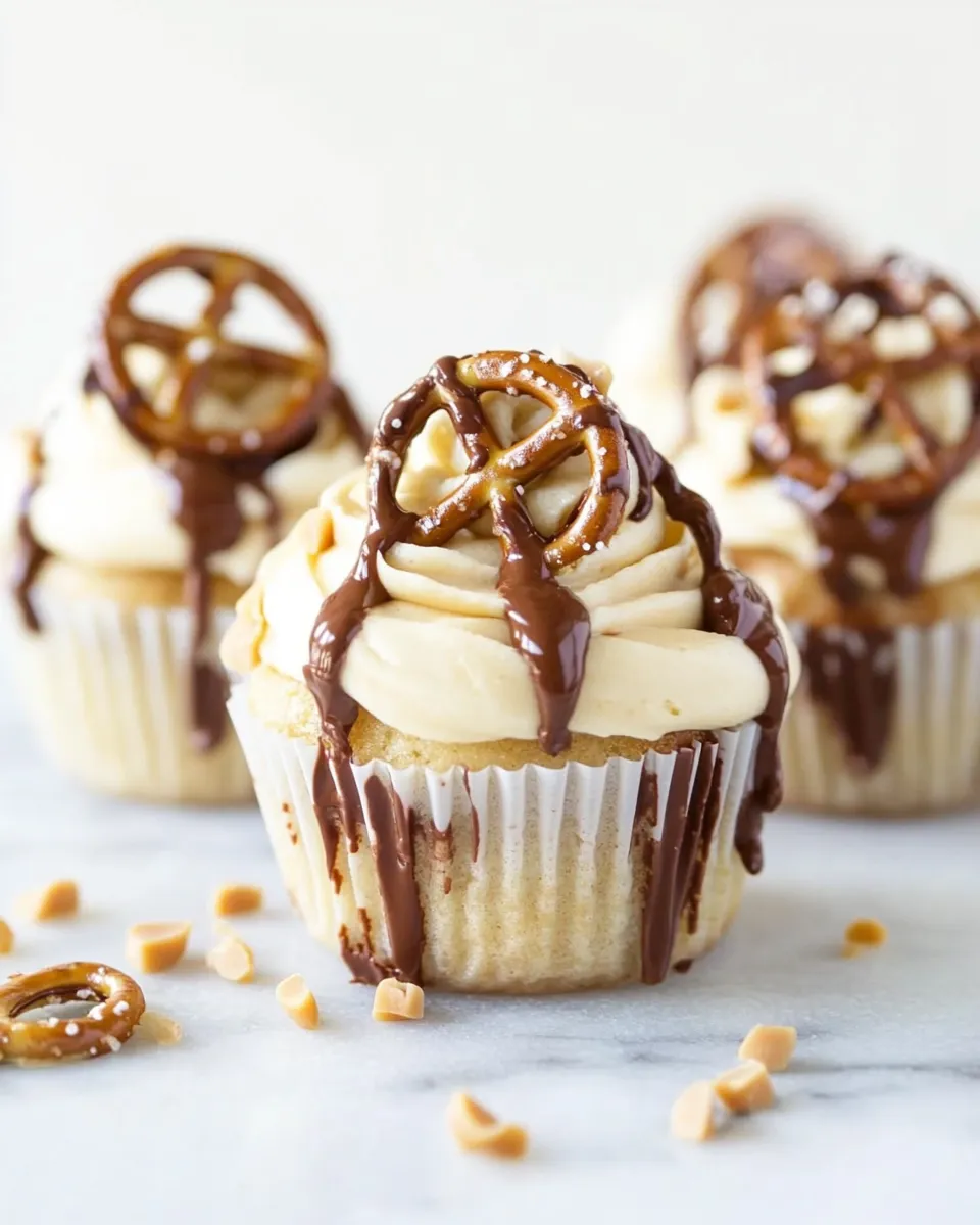Classic Chocolate Covered Pretzel Peanut Butter Cupcakes with Butterscotch Frosting image