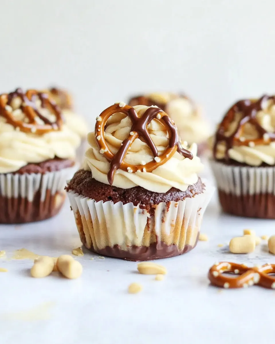 Easy Chocolate Covered Pretzel Peanut Butter Cupcakes with Butterscotch Frosting recipe photo