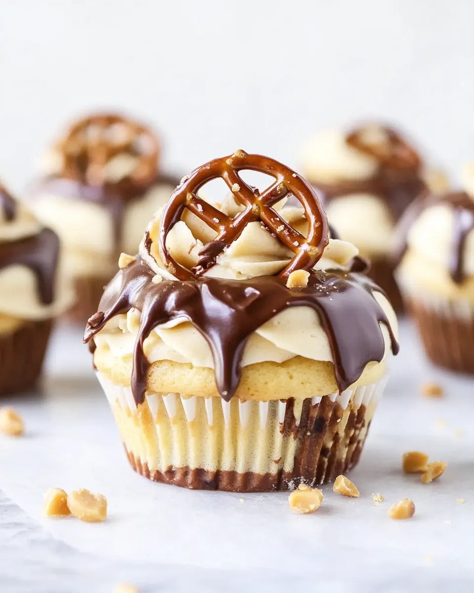 Delicious Chocolate Covered Pretzel Peanut Butter Cupcakes with Butterscotch Frosting shot