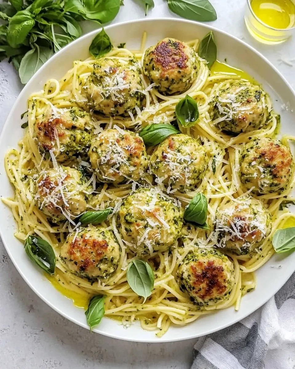 Homemade Creamy Garlic Pasta Nests with Pesto Chicken Meatballs photo