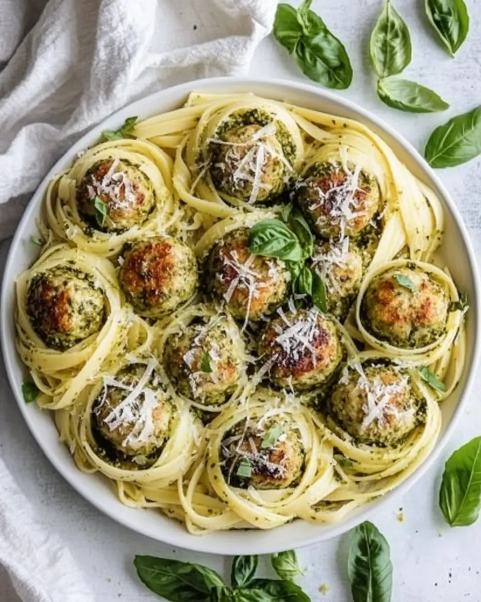 Classic Creamy Garlic Pasta Nests with Pesto Chicken Meatballs image