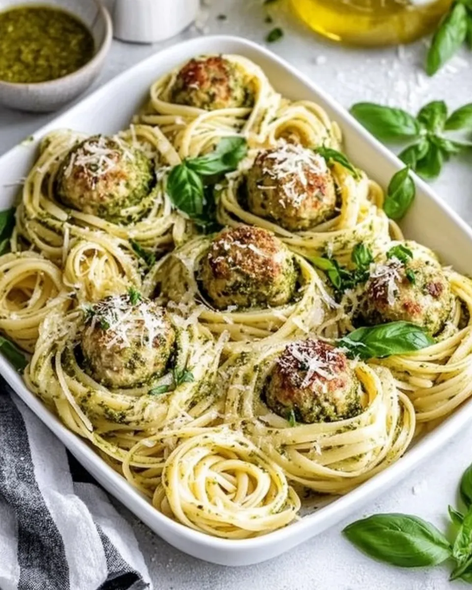 Easy Creamy Garlic Pasta Nests with Pesto Chicken Meatballs recipe photo