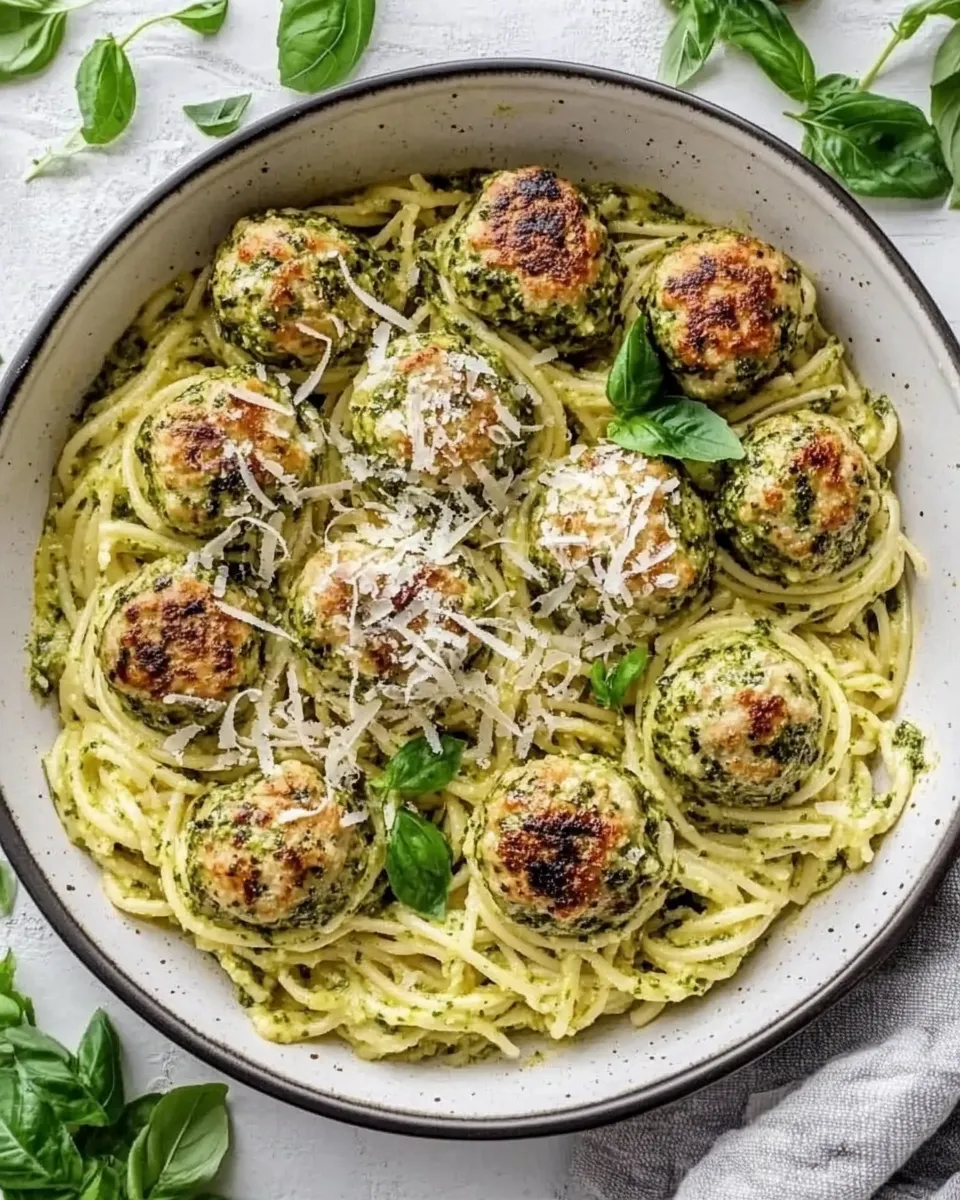Delicious Creamy Garlic Pasta Nests with Pesto Chicken Meatballs dish photo