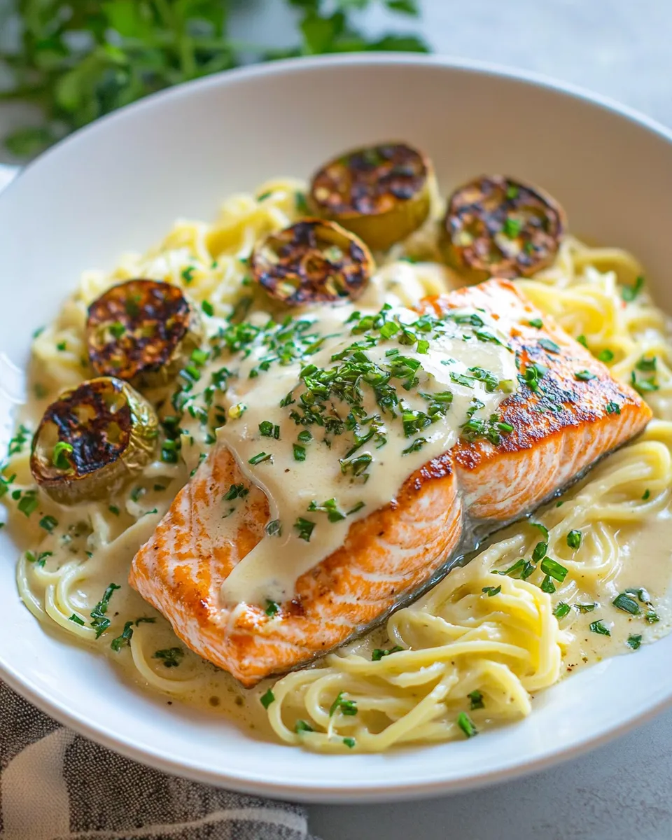 Delicious Creamy Salmon Piccata food shot