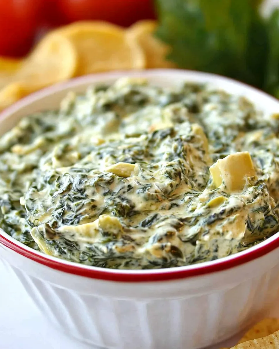 Delicious Creamy Spinach & Artichoke Dip food shot