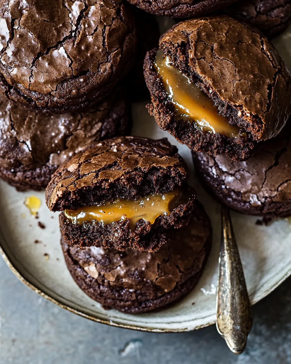 Homemade Crinkly Caramel Stuffed Brownie Cookies. recipe photo
