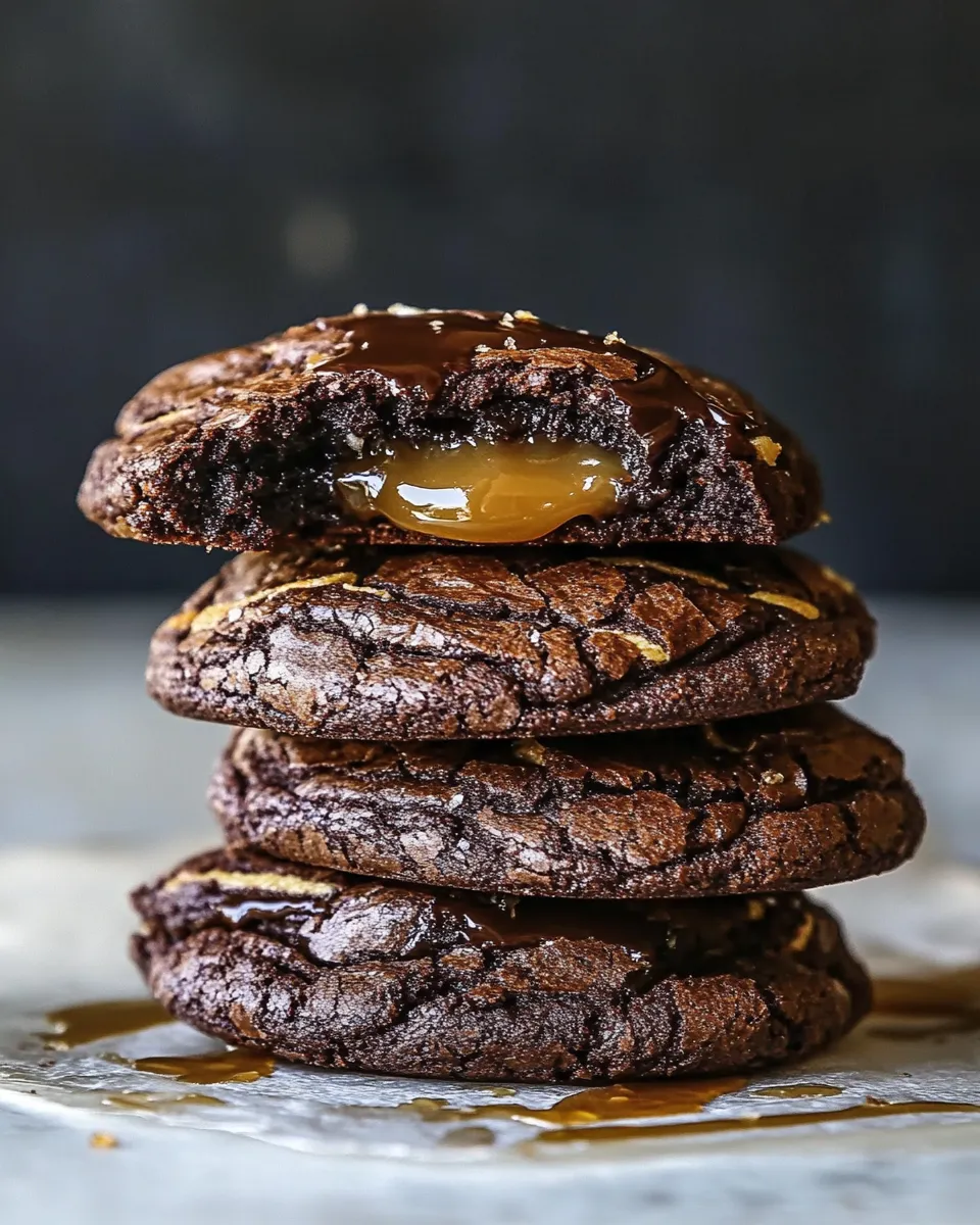 Easy Crinkly Caramel Stuffed Brownie Cookies. food shot