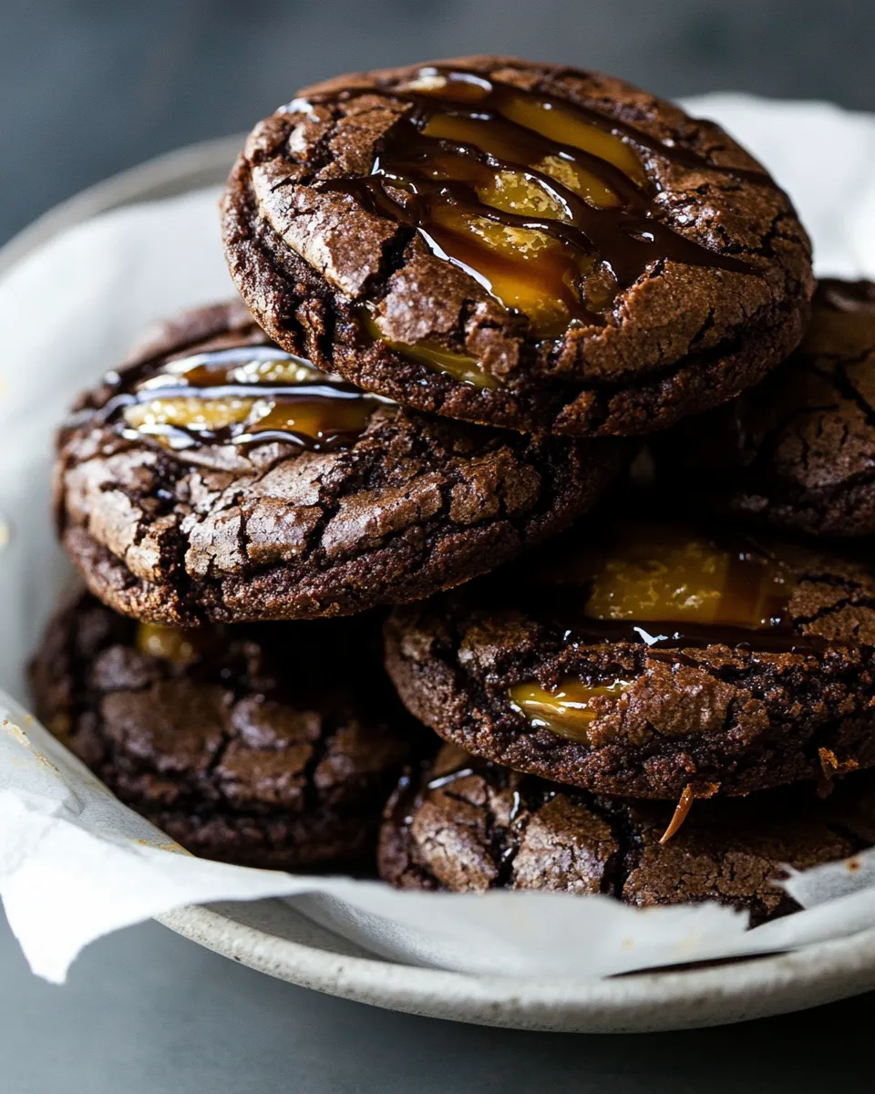 Delicious Crinkly Caramel Stuffed Brownie Cookies. plate image