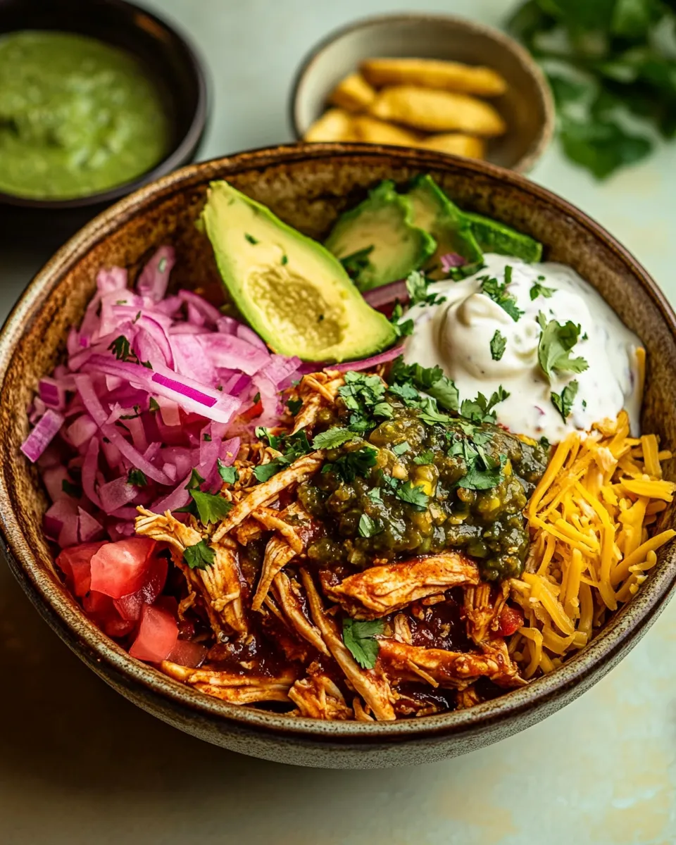 Homemade Crockpot Salsa Verde Chicken Tortilla Bowl. recipe photo