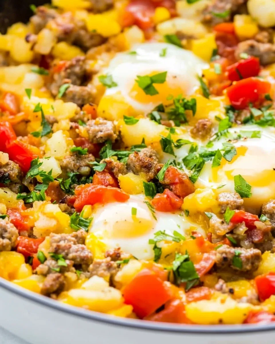 Quick Easy Eggs, Sausage, and Hash Browns Skillet food shot