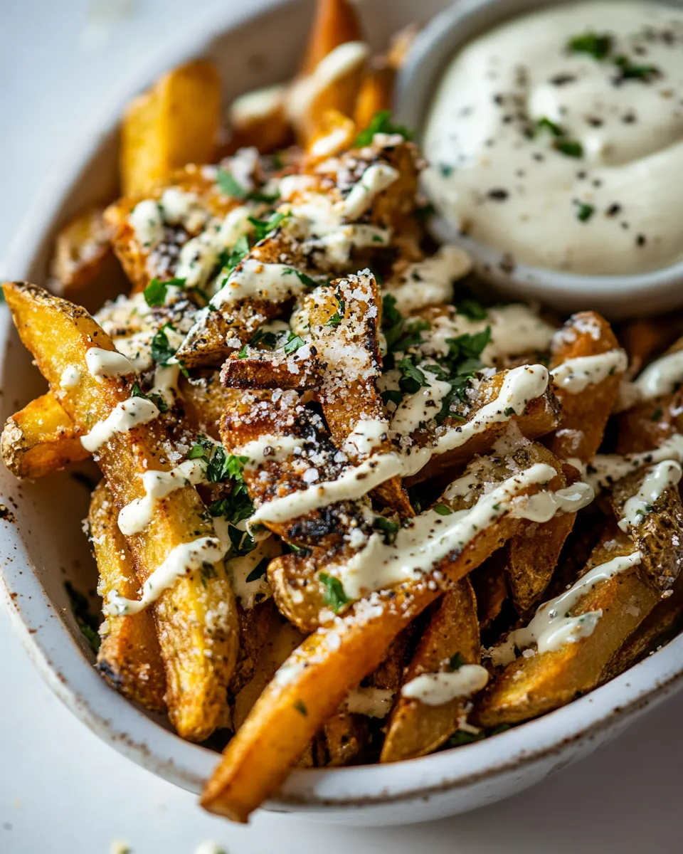 Homemade Garlic Parmesan French Fries Dressed in Caesar Dressing. recipe photo