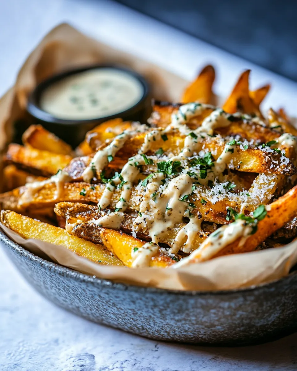 Classic Garlic Parmesan French Fries Dressed in Caesar Dressing. dish photo