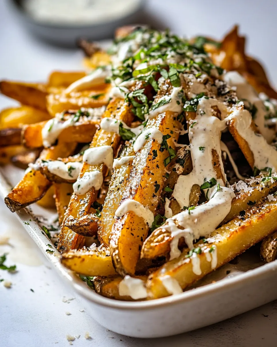Delicious Garlic Parmesan French Fries Dressed in Caesar Dressing. plate image