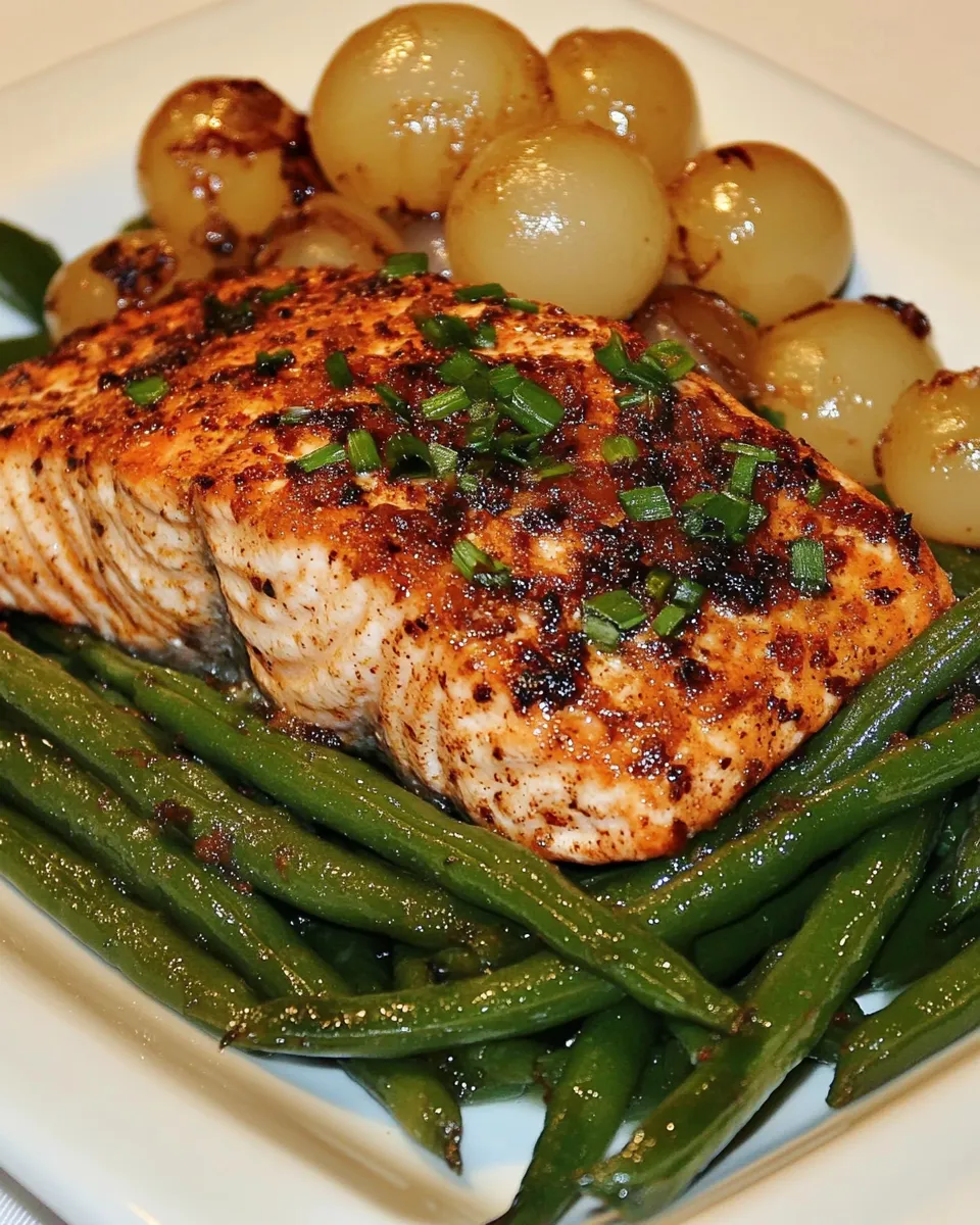 Homemade Green Beans with Pearl Onions and Salmon recipe photo