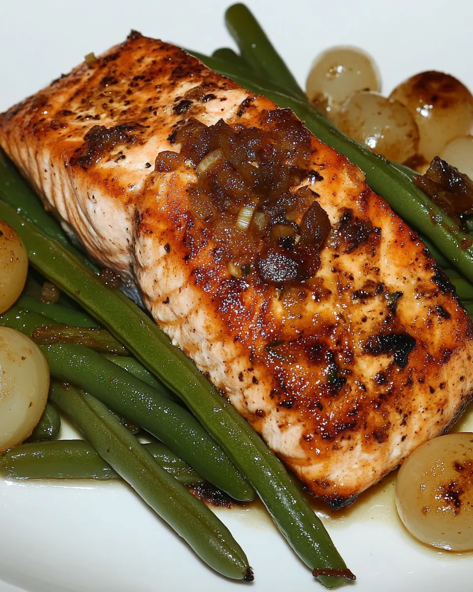 Classic Green Beans with Pearl Onions and Salmon dish photo