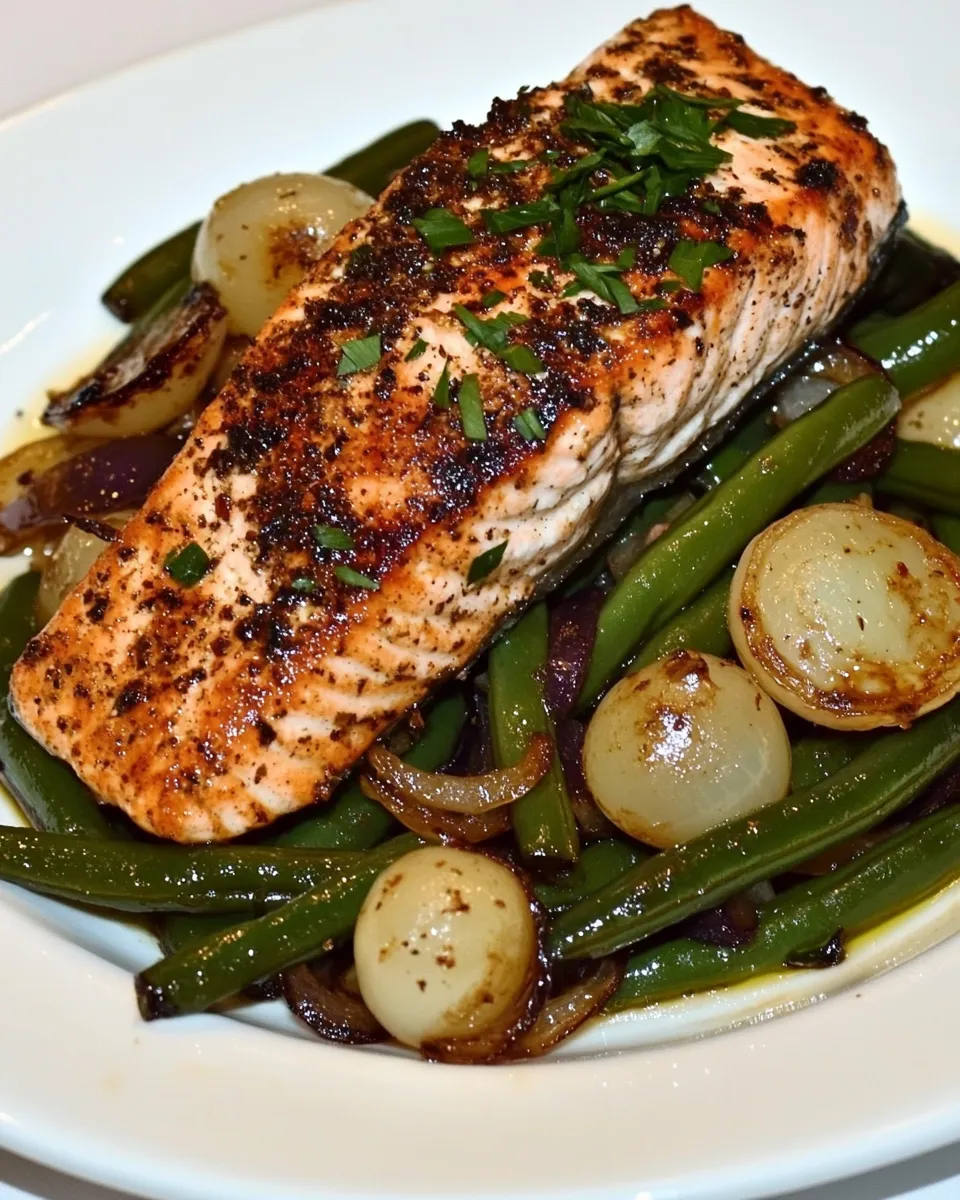 Easy Green Beans with Pearl Onions and Salmon food shot
