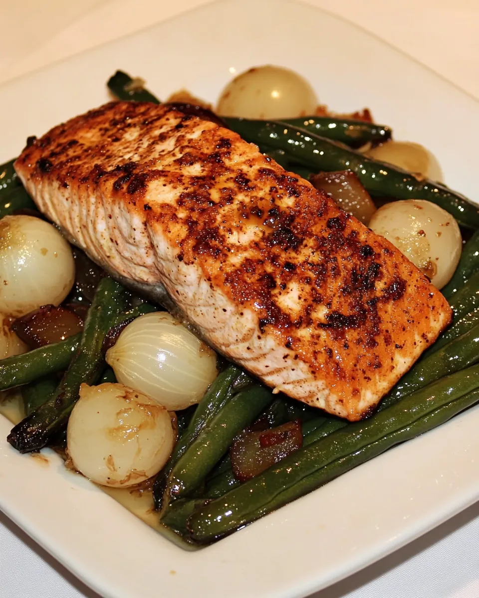 Delicious Green Beans with Pearl Onions and Salmon plate image