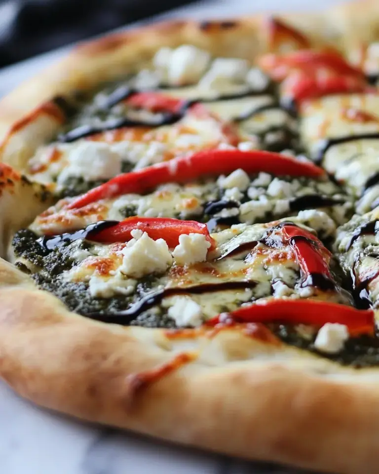 Homemade Green Olive Pesto Pizza with Feta Stuffed Crust, Roasted Red Peppers and Balsamic Drizzle photo