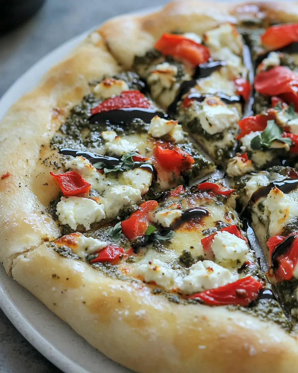 Classic Green Olive Pesto Pizza with Feta Stuffed Crust, Roasted Red Peppers and Balsamic Drizzle image