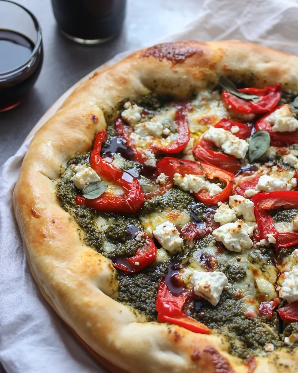 Easy Green Olive Pesto Pizza with Feta Stuffed Crust, Roasted Red Peppers and Balsamic Drizzle recipe image