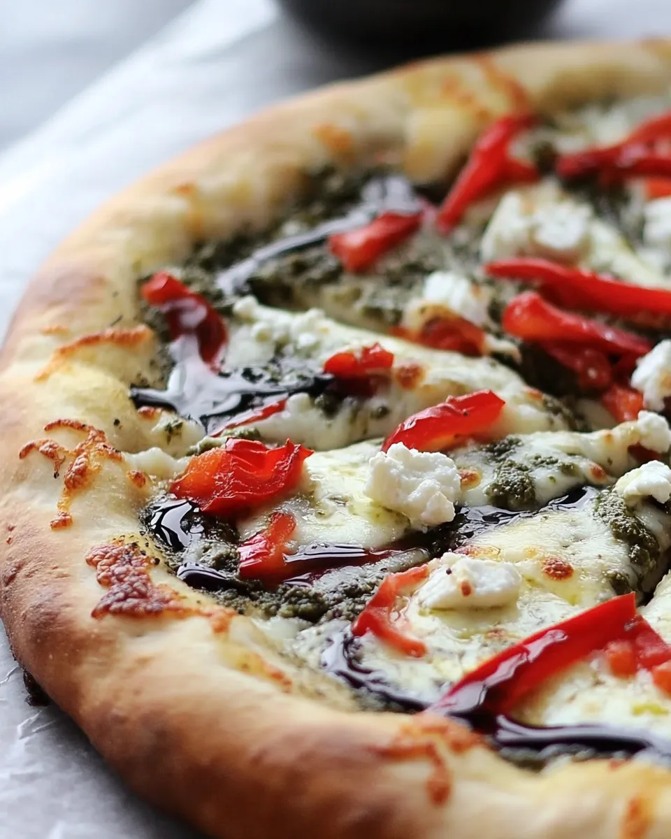 Delicious Green Olive Pesto Pizza with Feta Stuffed Crust, Roasted Red Peppers and Balsamic Drizzle dish photo